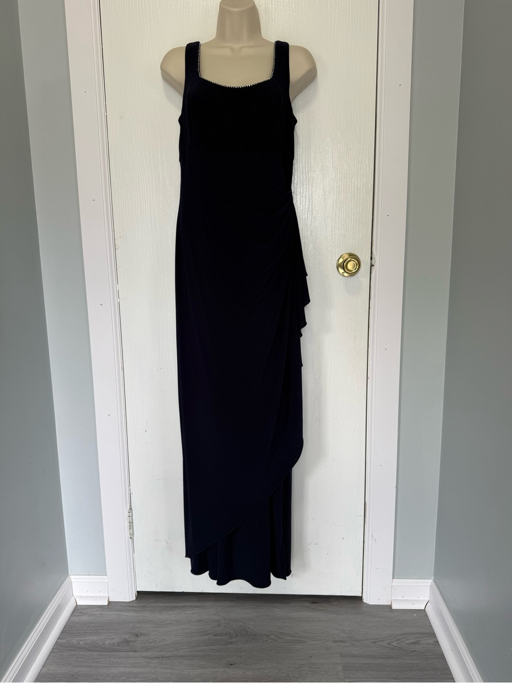 Alex Evenings  dark blue Maxi Evening Dress with Draped Side.